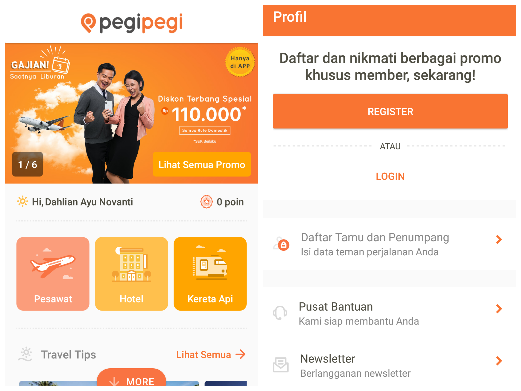 Download dulu aplikasi Pegipegi. Kemudian login deh untuk mendapatkan promo member Bisa juga melengkapi profil dan data penumpang dulu untuk memudahkan proses pemesanan (karena data penumpang ini akan disimpan di akun kita, berguna untuk proses pemesanan selanjutnya) Mulai deh cari jadwal penerbangan dan promo yang bisa digunakan.Setelah menemukan jadwal yang sesuai, kemudian melalui 3 proses pemesanan, yaitu Pesan, Konfirmasi dan Bayar.Pada bagian pesan, selain memesan jadwal, juga melengkapi data penumpang.Lalu konfirmasi, untuk kembali memastikan pesanan.Bayar, di sini akan ditampilkan metode pembayaran yang akan dipilih. Sebagai contoh, saya memilih metode virtual account BCA. Jika kita memiliki kode kupon promo, maka masukan dulu kode promonya..mayan kan. Setelah itu akan ditampilkan besarnya potongan biaya dan total biaya yang harus dibayarkan. Baru deh klik ’Bayar dengan virtual account bca’Udah deh, detailnya dikirim ke email, juga tata cara pembayaran melalui virtual account bca. 1. Download aplikasi Pegipegi dan login